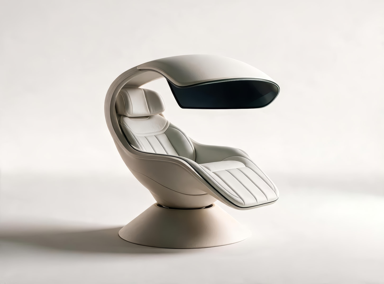 Meridian 2026 AI 리디자인 · 흰 셸과 퀼팅 시트, 머리 위로 뻗은 700R 곡면 스크린, 원형 회전 베이스
